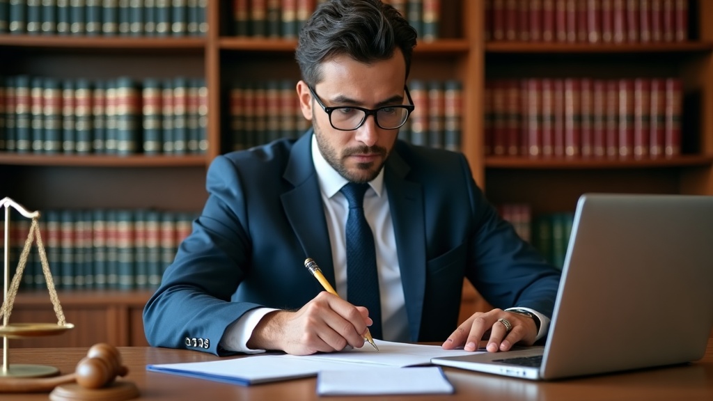 Advogado faz anotações ao lado do notebook em escritório de advocacia com estante de livros jurídicos