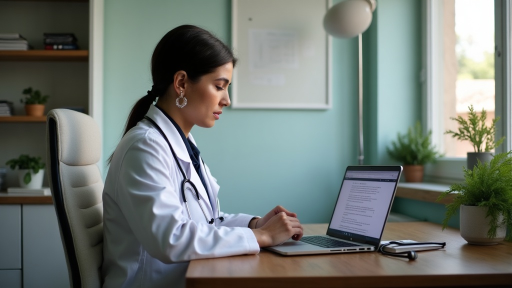 Médico brasileiro em consultório particular atualizando o blog no notebook sobre a mesa.
