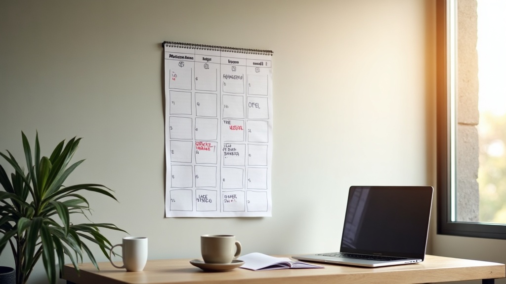 Calendário de parede com marcações semanais ao lado de notebook com agenda de publicações e xícara de café