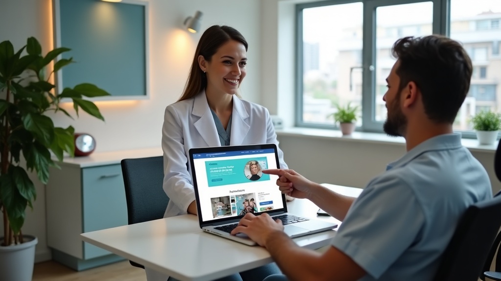 Dentista brasileira mostrando o blog da clínica para paciente na recepção iluminada por luz natural.