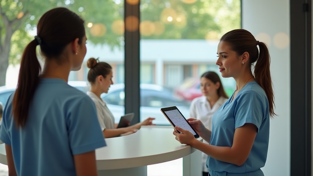 Recepção de clínica odontológica com recepcionista consultando mapa da cidade em um tablet