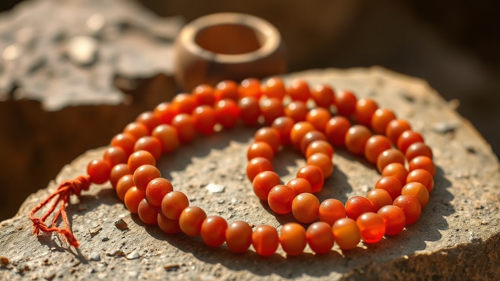 Strand of polished carnelian mala beads coiled on a stone surface with a small carved wooden bowl