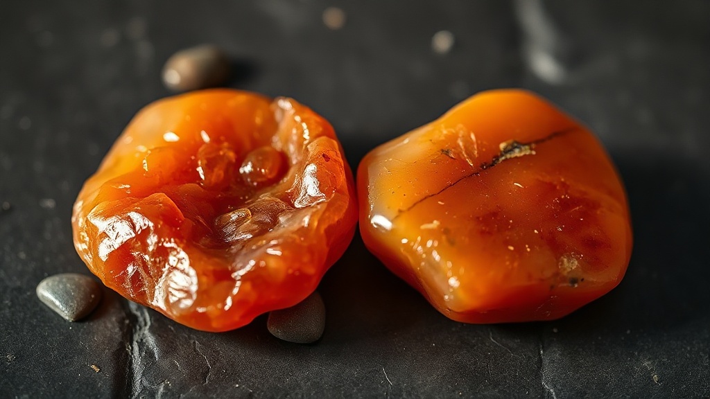 Raw and polished carnelian stones side by side showing translucent orange tones and iron oxide banding