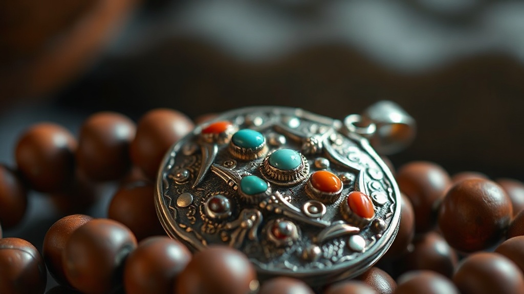 Tibetan silver reliquary pendant inlaid with carnelian, turquoise, and coral on wooden prayer beads