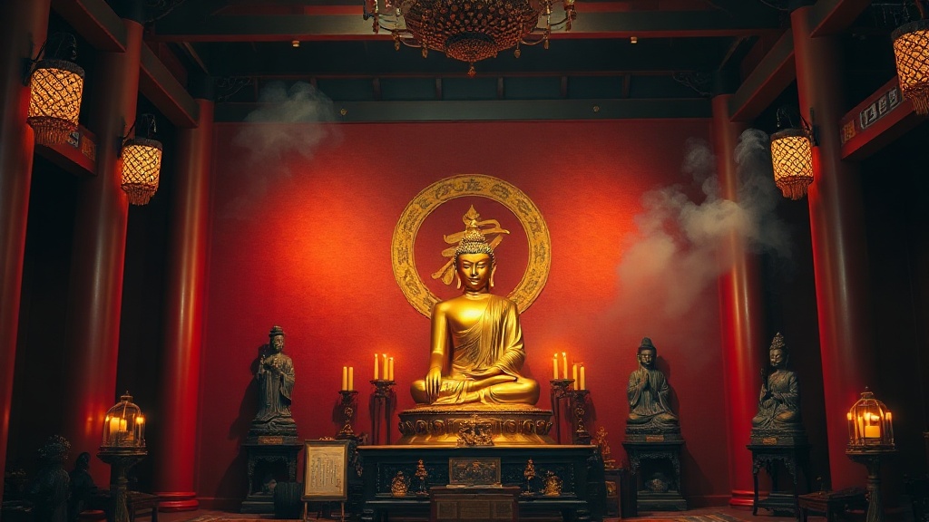 Triade bouddhiste dans le hall principal d'un temple Chan chinois : Shakyamuni flanqué de Guanyin et Dashizhi