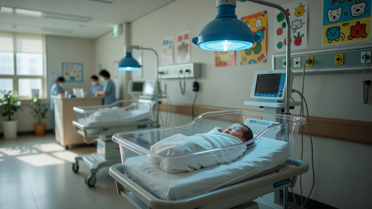 hospital newborn ward with bili light (blue phototherapy lamp) illuminating a bassinet
