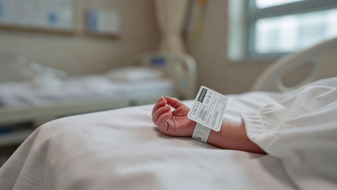 close-up of a newborn's hand with a hospital ID tag on a white bed sheet