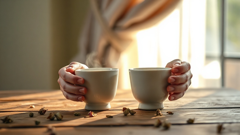 Deux tasses de thé au jasmin tenues à deux mains sur une table en bois, ambiance matinale chaleureuse