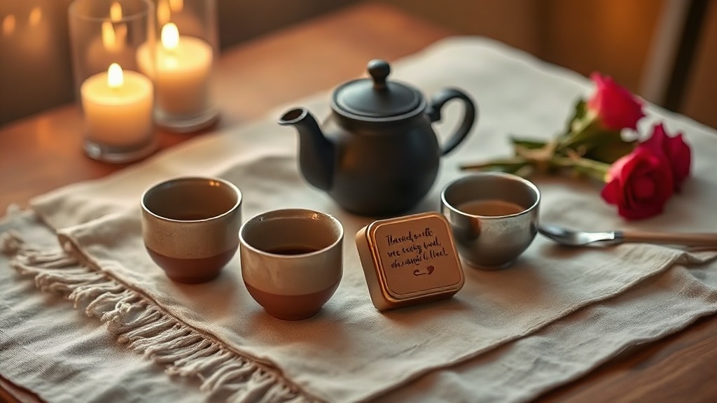 Coffret cadeau thé maison avec théière en fonte, deux tasses céramique et boîte de thé en vrac sur du lin