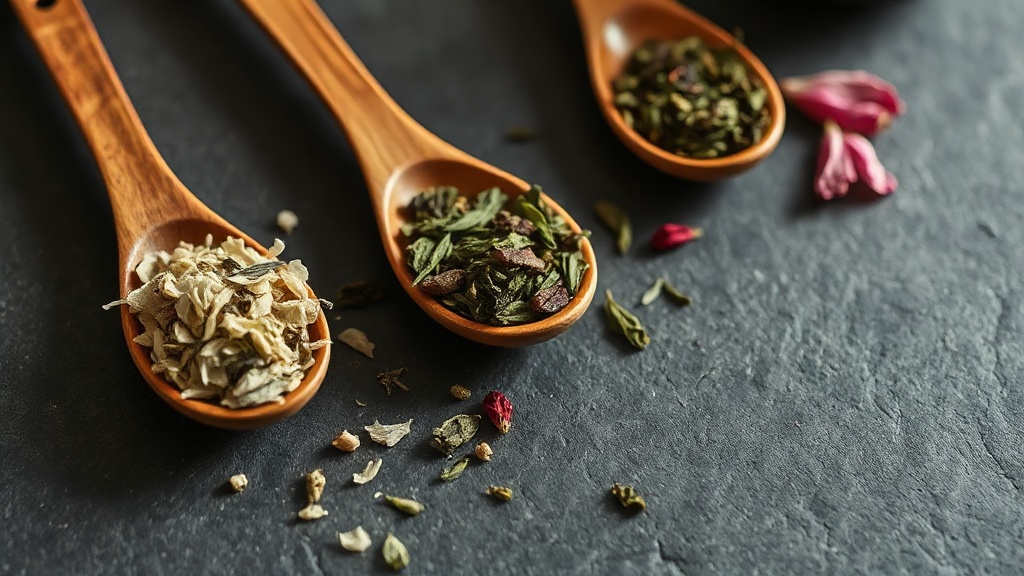 Feuilles de thé blanc, gyokuro et hibiscus séchés disposés dans des cuillères en bois sur une ardoise