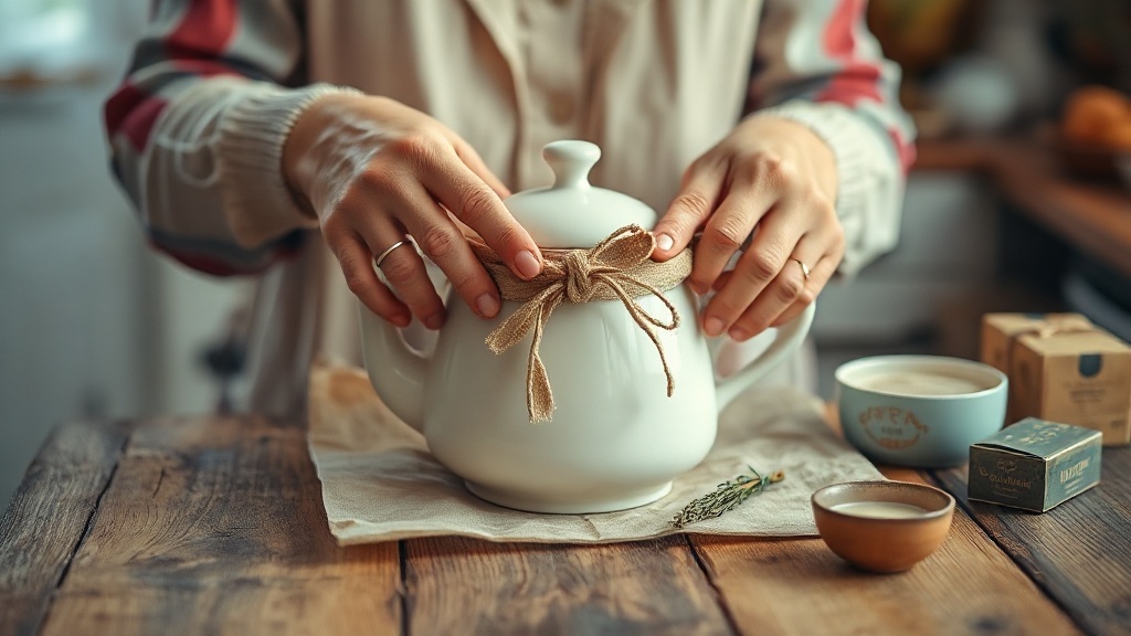 Mains de grand-mère emballant une théière en cadeau avec du papier kraft et une ficelle de lin