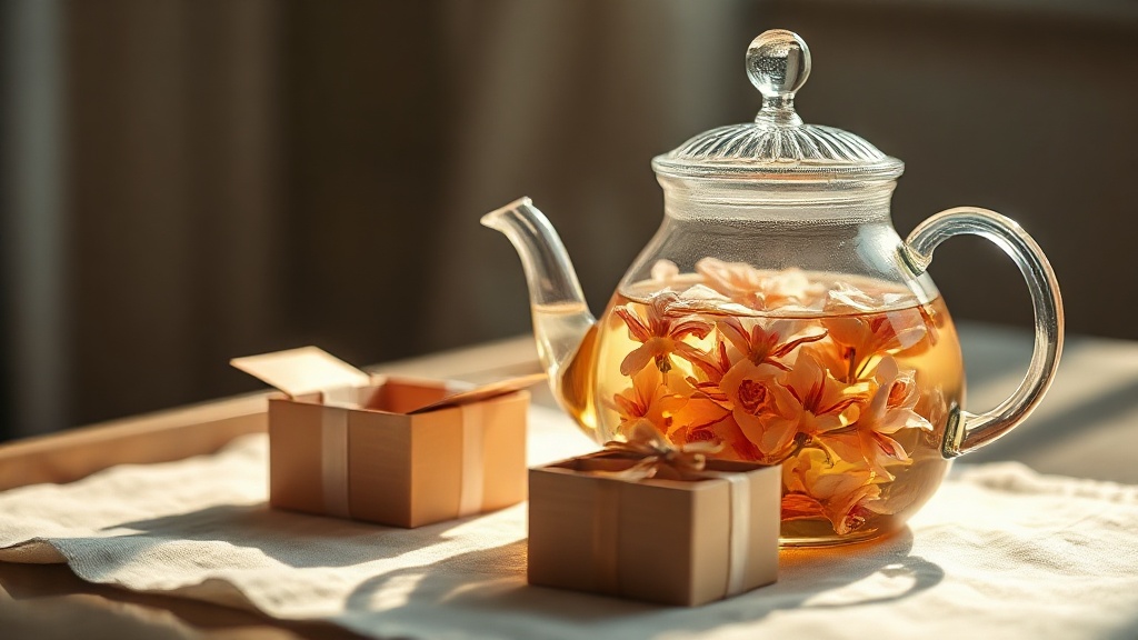 Théière en verre avec fleur de thé qui s'épanouit dans l'eau chaude, posée sur un tissu blanc