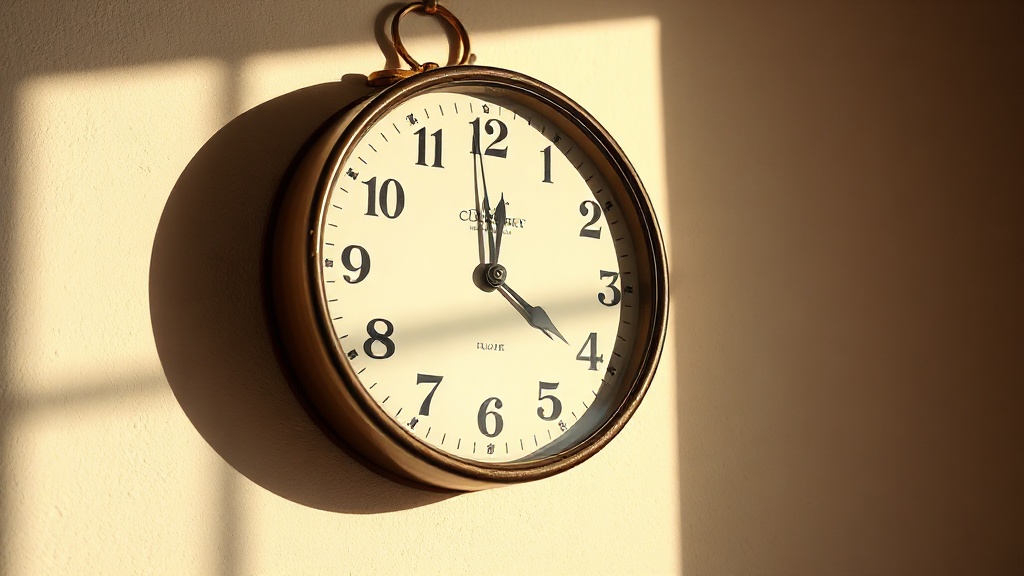 Classic round analog wall clock with brass hands on a white plaster wall in warm afternoon light