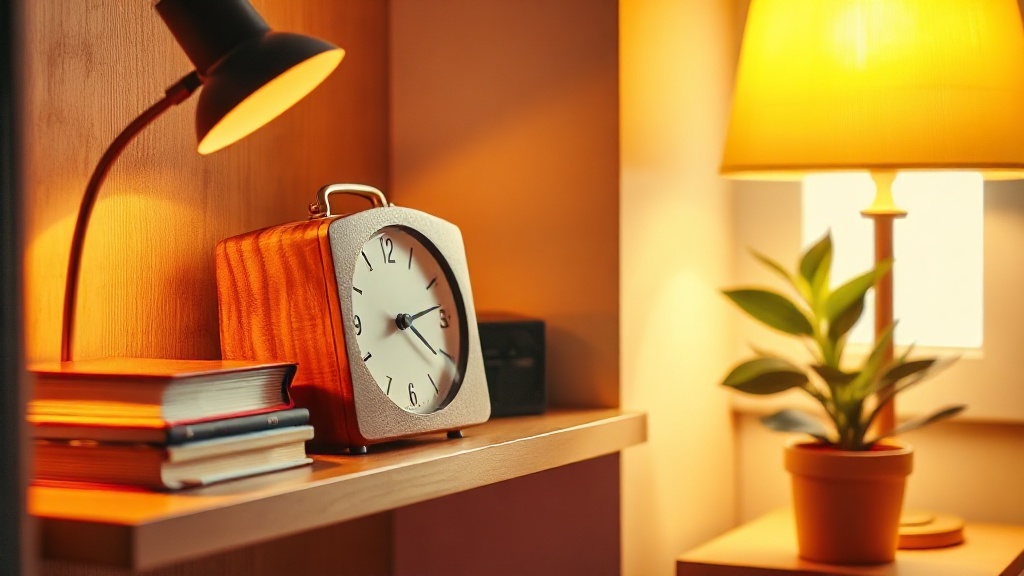 Wooden retro flip clock on a home office shelf beside books and a plant in warm amber light