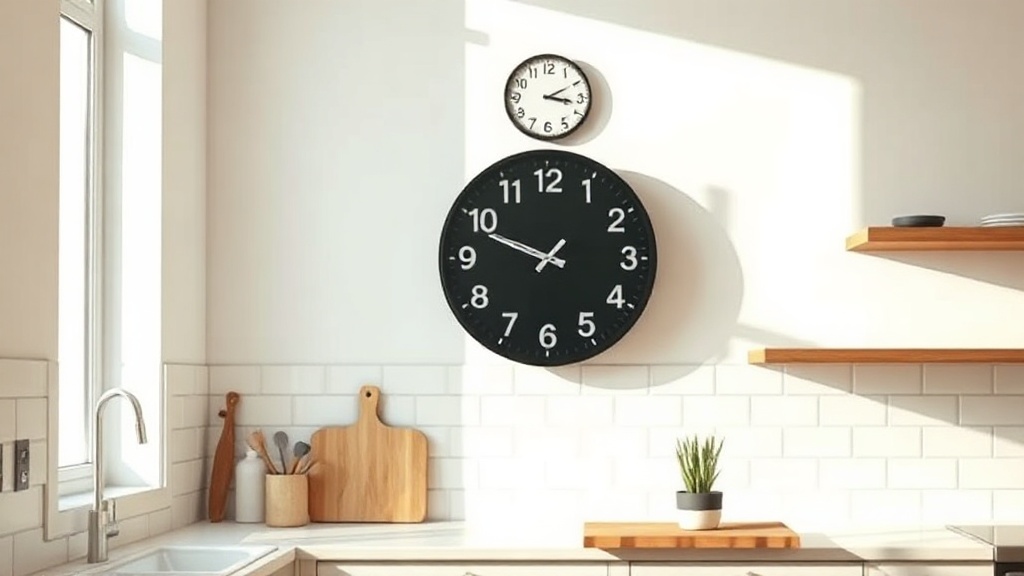 Sleek black digital wall clock mounted in a bright modern kitchen with white tiles and wooden accents