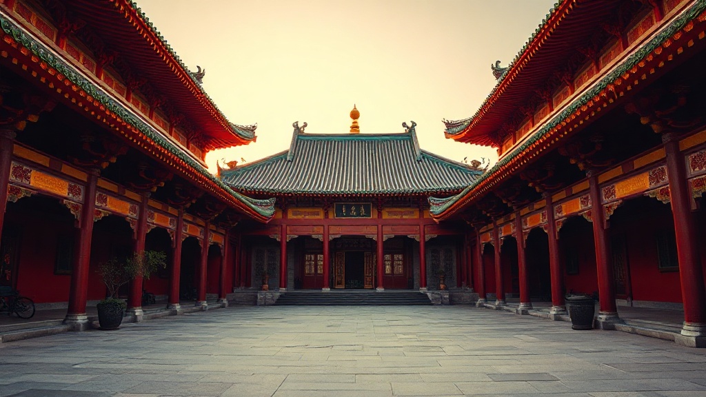 Cour intérieure d'un grand temple bouddhiste chinois avec toiture à tuiles vernissées au coucher du soleil