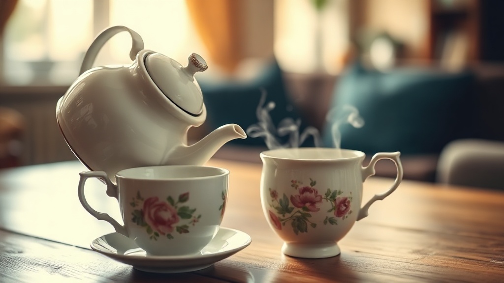 Théière en porcelaine versant du thé dans une tasse fleurie pour un afternoon tea anglais