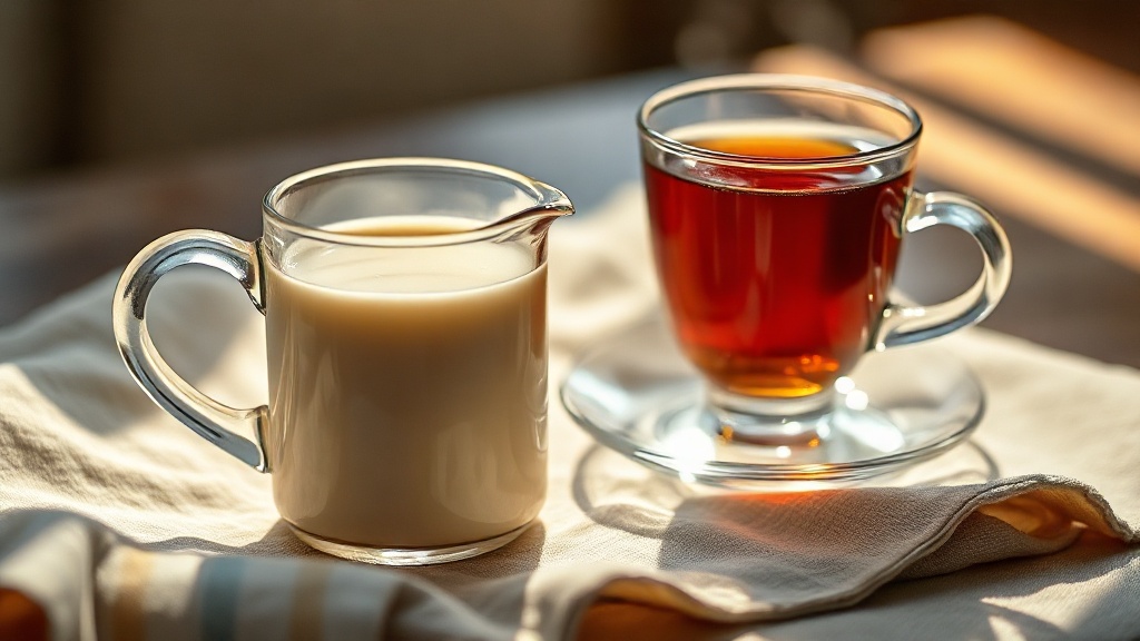 Tasse de thé noir English Breakfast avec un petit pichet de lait froid posé sur un linge de table