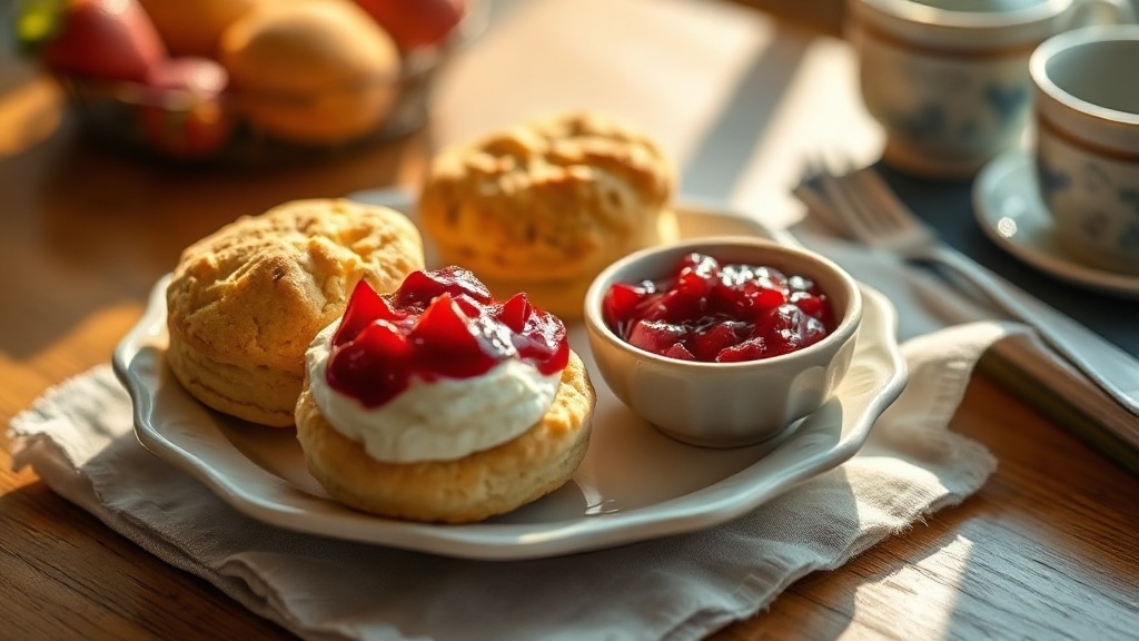Scones fraîchement cuits dorés sur une assiette blanche avec crème épaisse et confiture de fraises