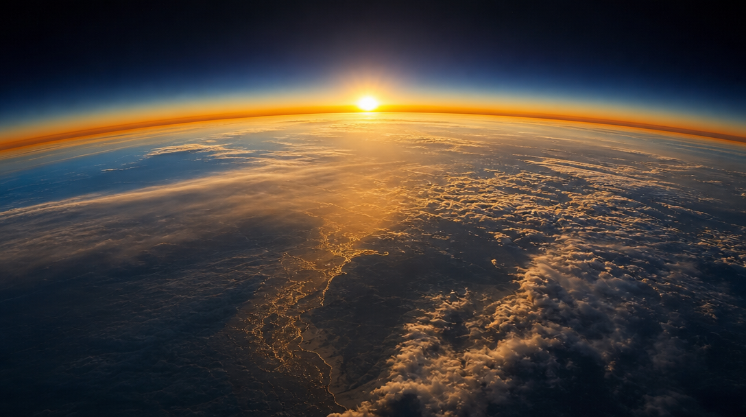 Lever de soleil sur l'horizon courbe de la Terre