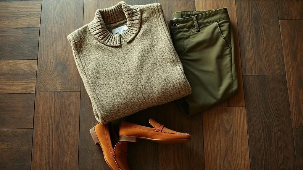 Flat lay of oatmeal cashmere quarter zip, olive chinos, and tan suede loafers for a weekend outfit