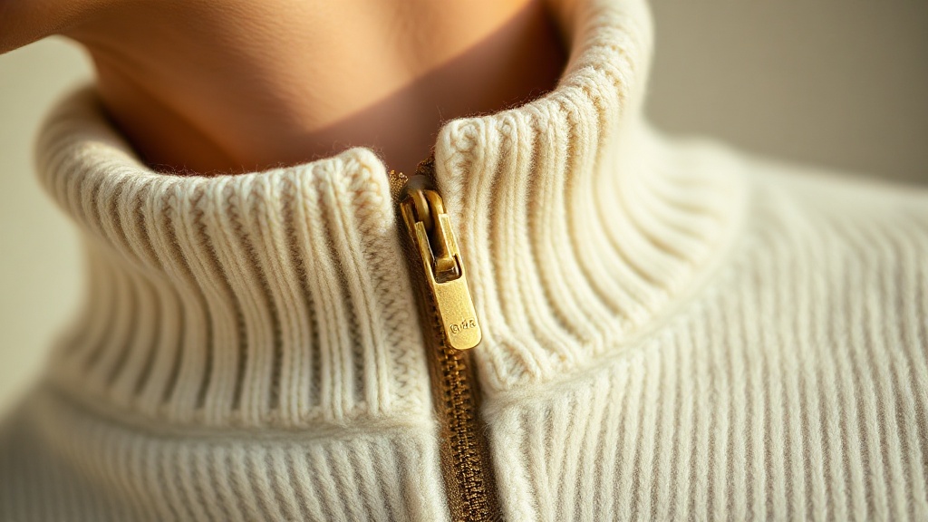 Close-up of a fine-gauge cashmere quarter zip collar and brass zipper detail in ivory