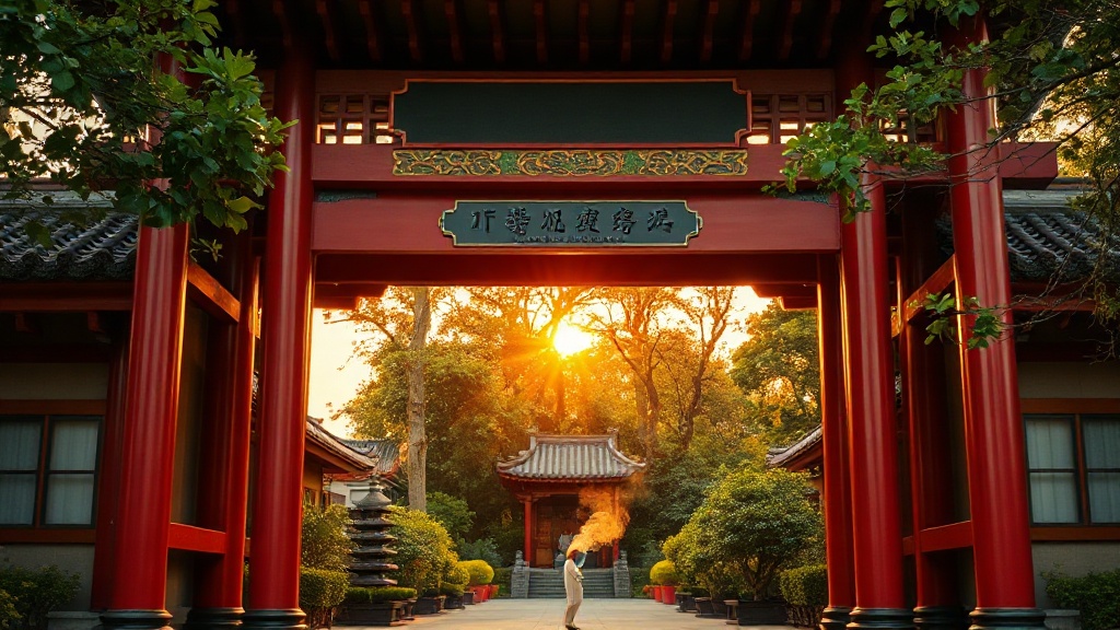 Portail d'entrée du temple Liurong à Guangzhou, colonnes laquées et encens