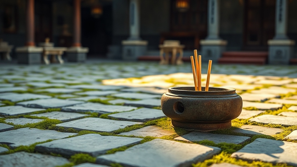 Brûle-encens en pierre dans la cour d'un temple bouddhiste chinois, lumière matinale