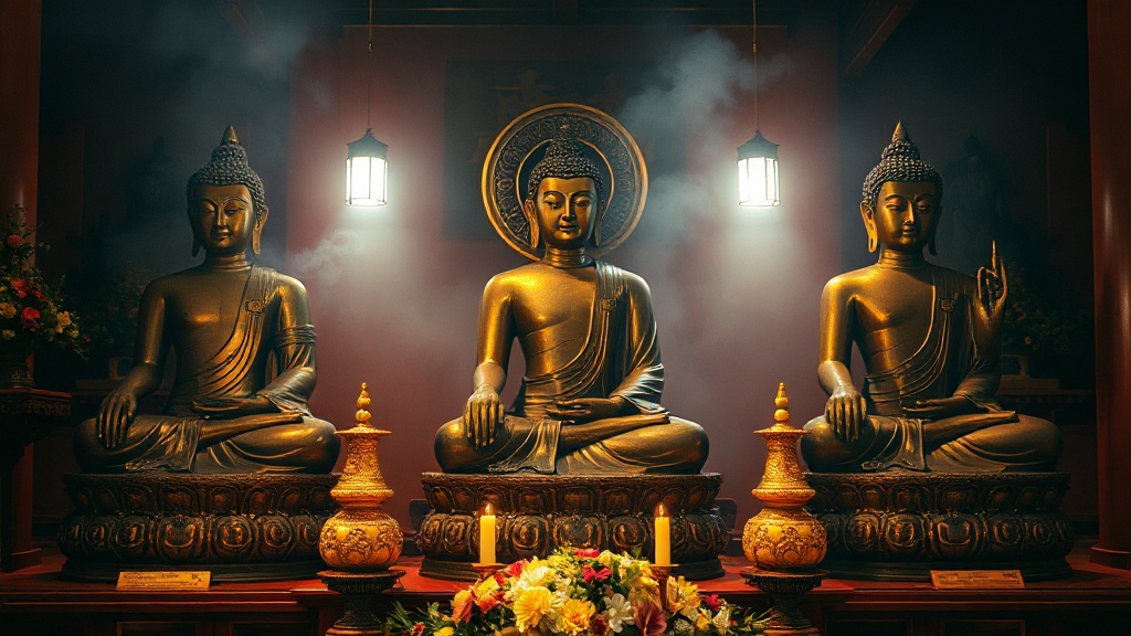 Statues de bronze de Shakyamuni, Amitabha et Bhaisajyaguru dans la salle principale du temple Liurong