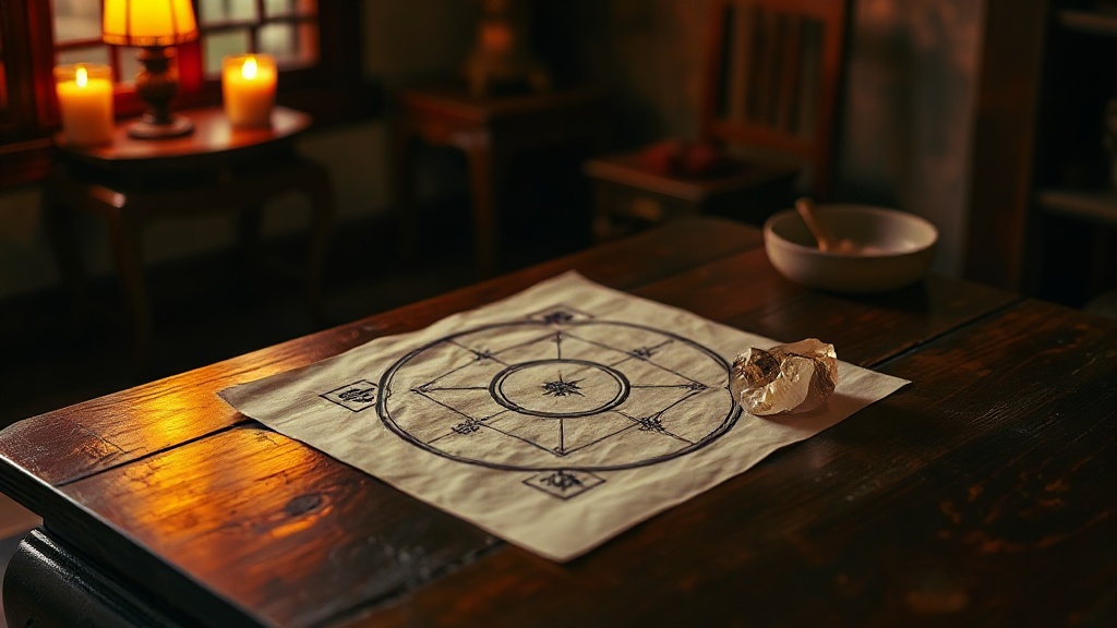 Bagua map on paper beside a clear quartz crystal on a wooden table in a warm Chinese-style interior