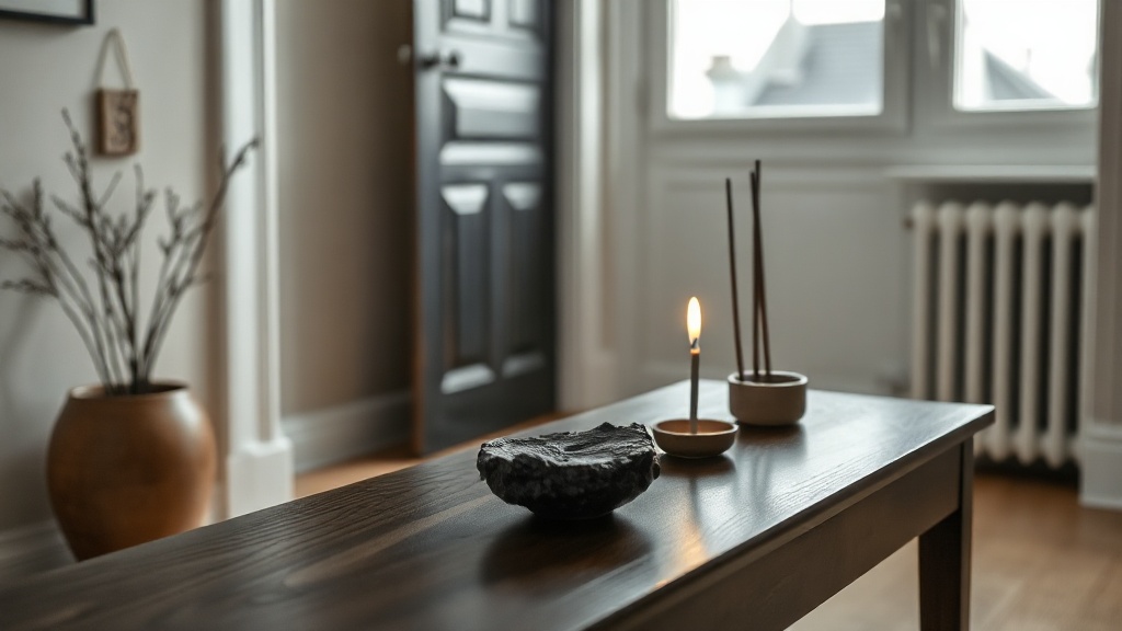 Black tourmaline stone placed on a low console table near a front door with incense smoke rising