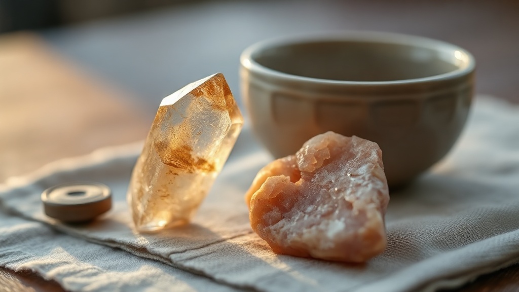 Raw citrine point and rose quartz resting on linen cloth with warm golden side lighting