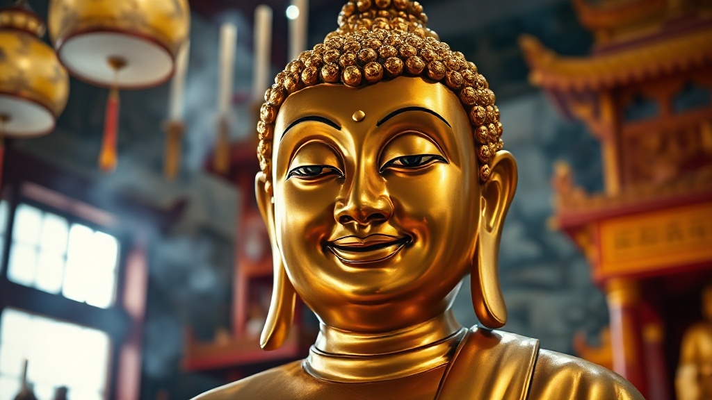 Statue de Maitreya Budai dans un temple bouddhiste chinois, lumière de bougies et encens
