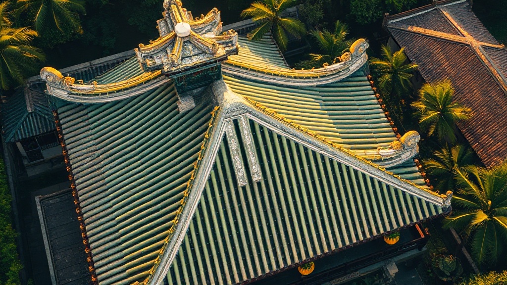 Toits en tuiles vernissées du temple Kaiyuan de Chaozhou, Guangdong, vue plongeante