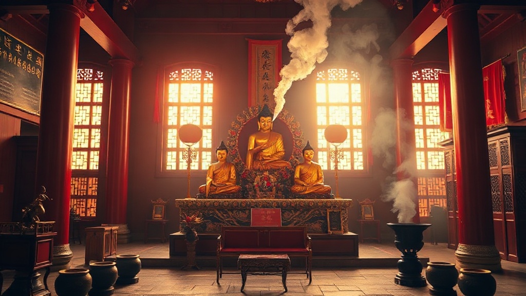 Triade de statues bouddhistes sur l'autel du Daxiong Baodian, temple Chan du Guangdong