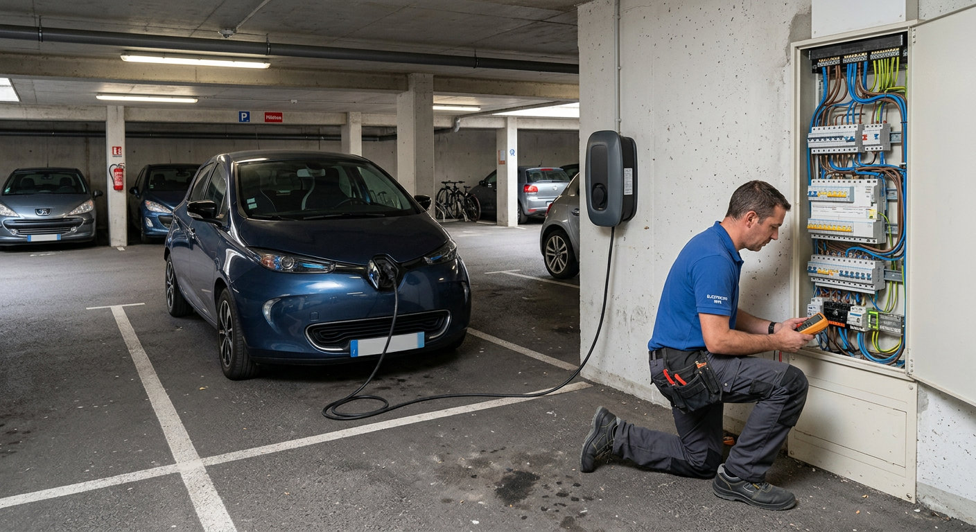 Borne de recharge électrique IRVE installée dans un parking en copropriété avec un installateur vérifiant le tableau électrique.