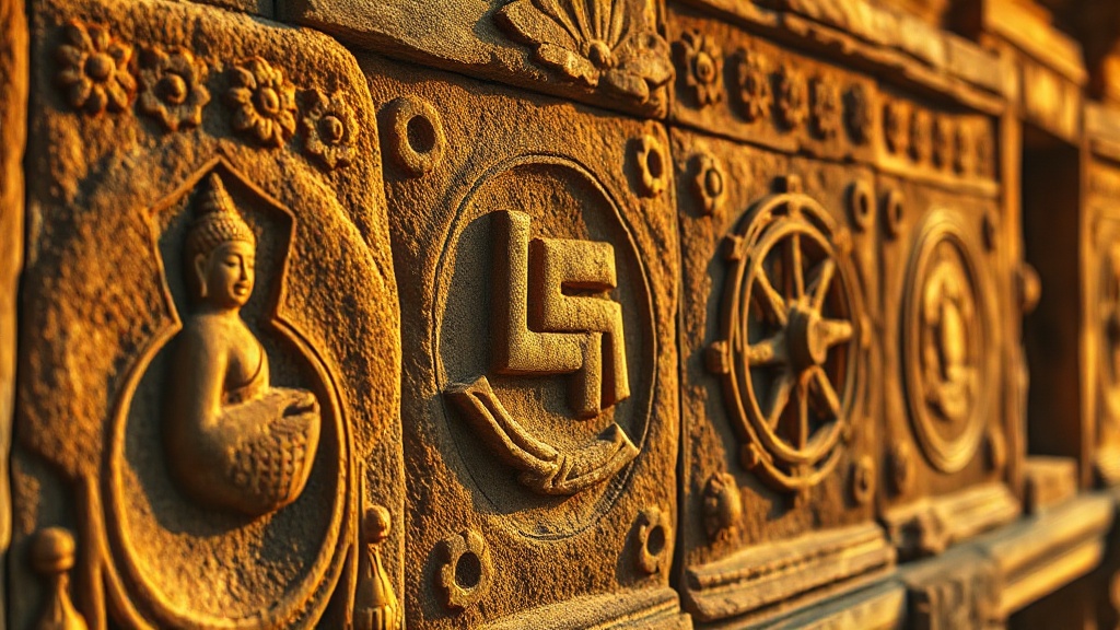 Symbole swastika sculpté sur un mur de temple bouddhiste en Asie du Sud-Est