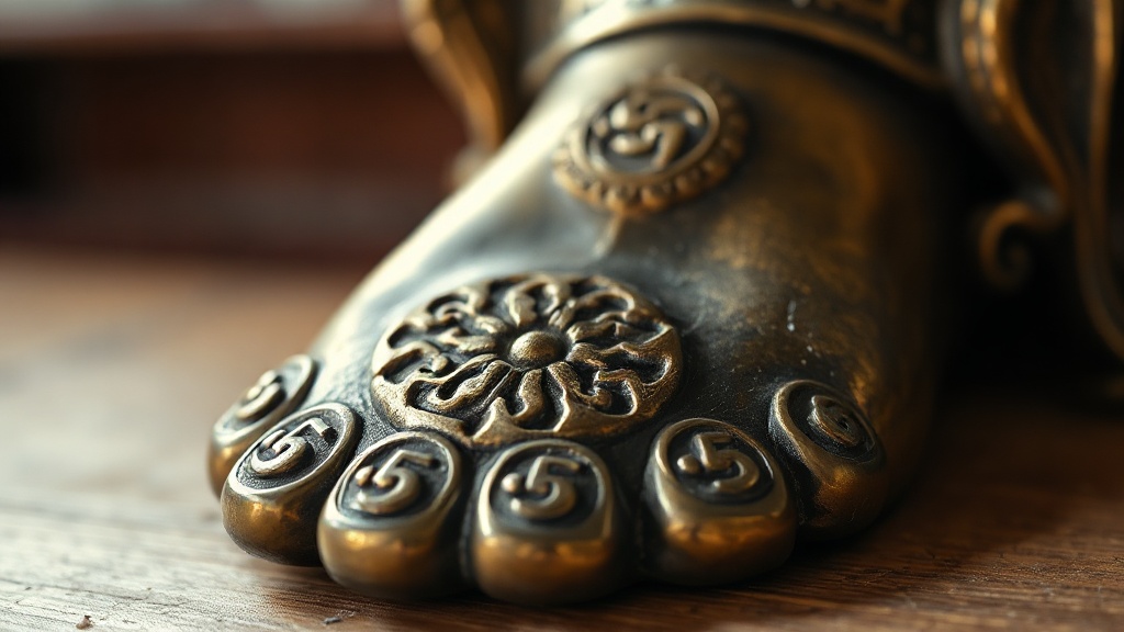 Empreinte de pied de statue de Bouddha avec les 65 symboles auspicieux dont le swastika