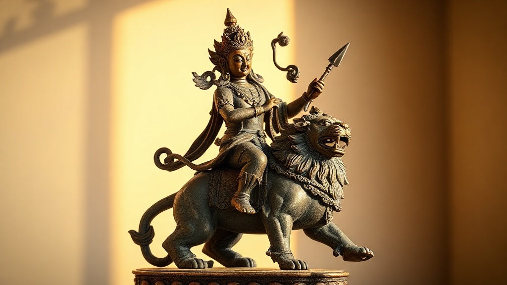 Statue de Manjushri bodhisattva chevauchant un lion bleu dans la tradition bouddhiste tibétaine