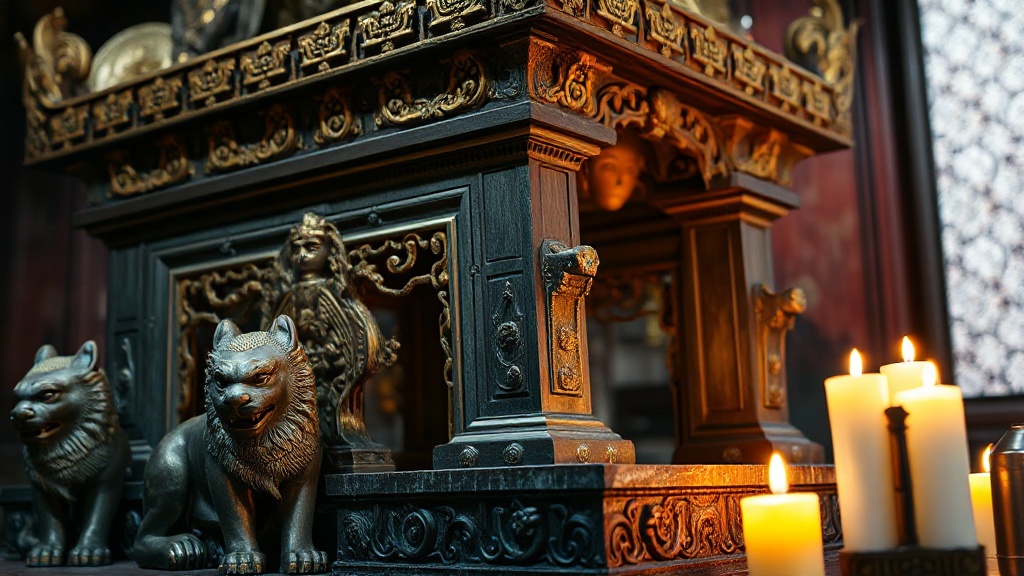 Détail sculpté d'un trône bouddhiste soutenu par des lions symbolisant les bodhisattvas