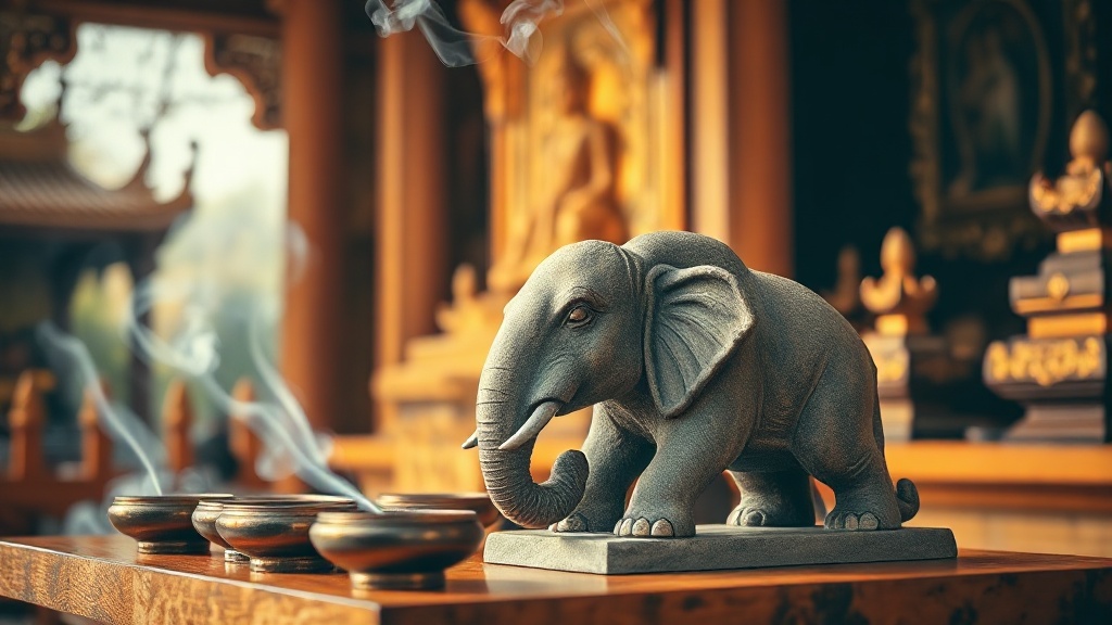 Sculpture d'éléphant bouddhiste sur un autel de temple, symbole de force mentale et de constance