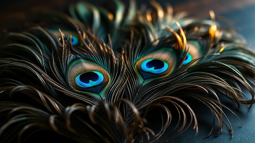 Plumes de paon aux ocelles irisées, symbole de sagesse et de transmutation dans le bouddhisme