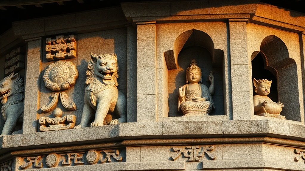Reliefs sculptés en brique de la Pagode Hua : lions, lotus et bodhisattvas en niches