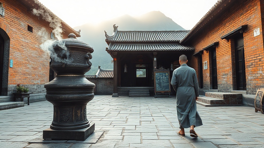 Cour intérieure d'un temple bouddhiste actif à Zhengding, avec encens et moine de dos