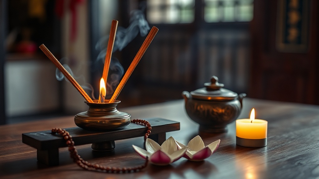 Objets rituels bouddhistes sur une table d'offrandes dans un temple du Hebei : encens, mala et pétales de lotus