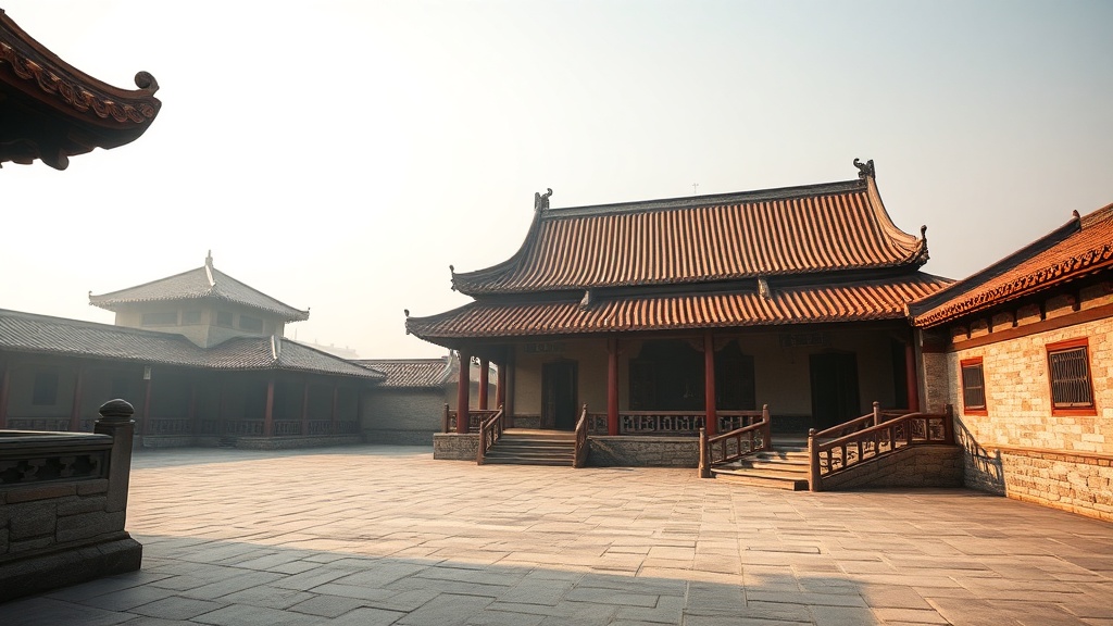 Cour intérieure du temple Longxing Si à Zhengding, Hebei, avec ses pavillons de la dynastie Song