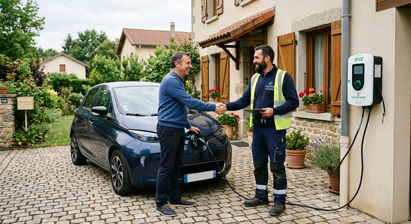Particulier et installateur IRVE se serrant la main devant une borne de recharge électrique murale à domicile en charge