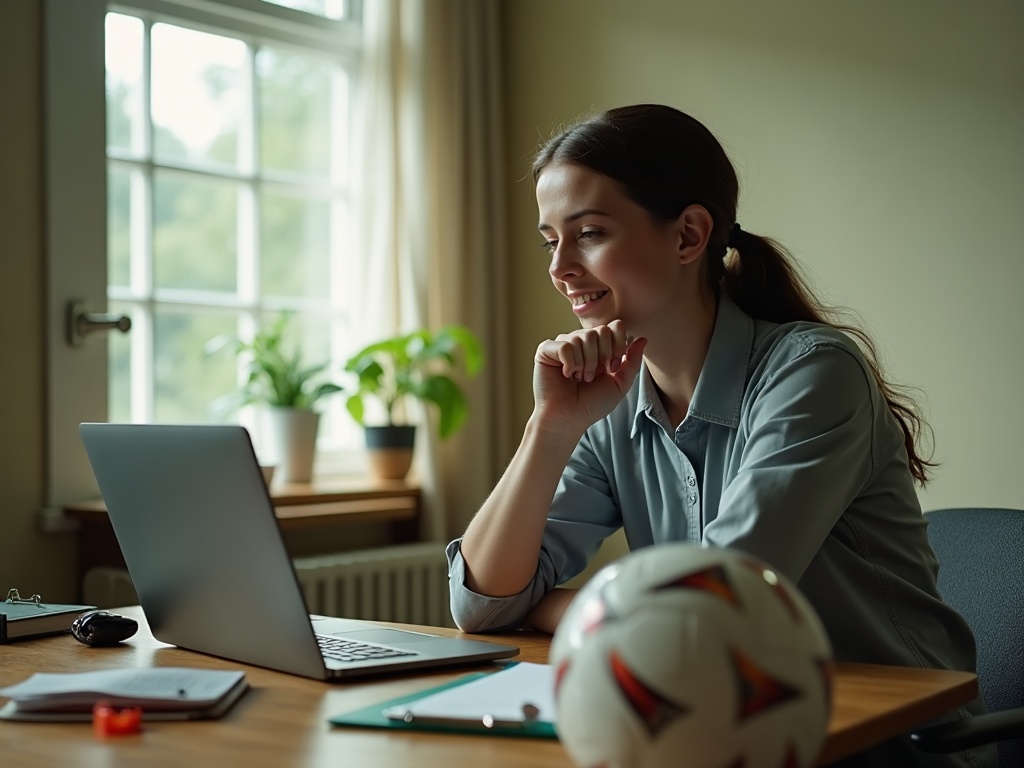 A youth sports program director comparing registration software options on a laptop at a desk