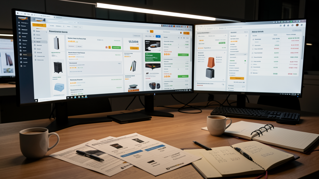 Bureau de responsable e-commerce avec fiches produits et écrans