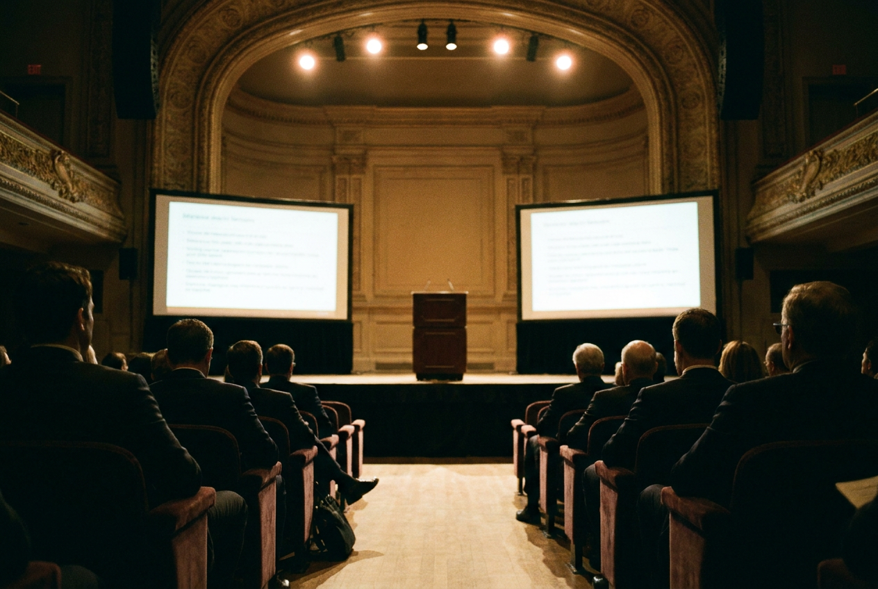 A grand concert hall stage with a podium and large screens displaying AI licensing agreement text, music industry executives in business attire seated in rows, dramatic spotlights illuminating the stage